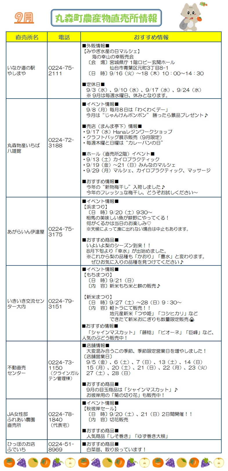 9月直売所情報