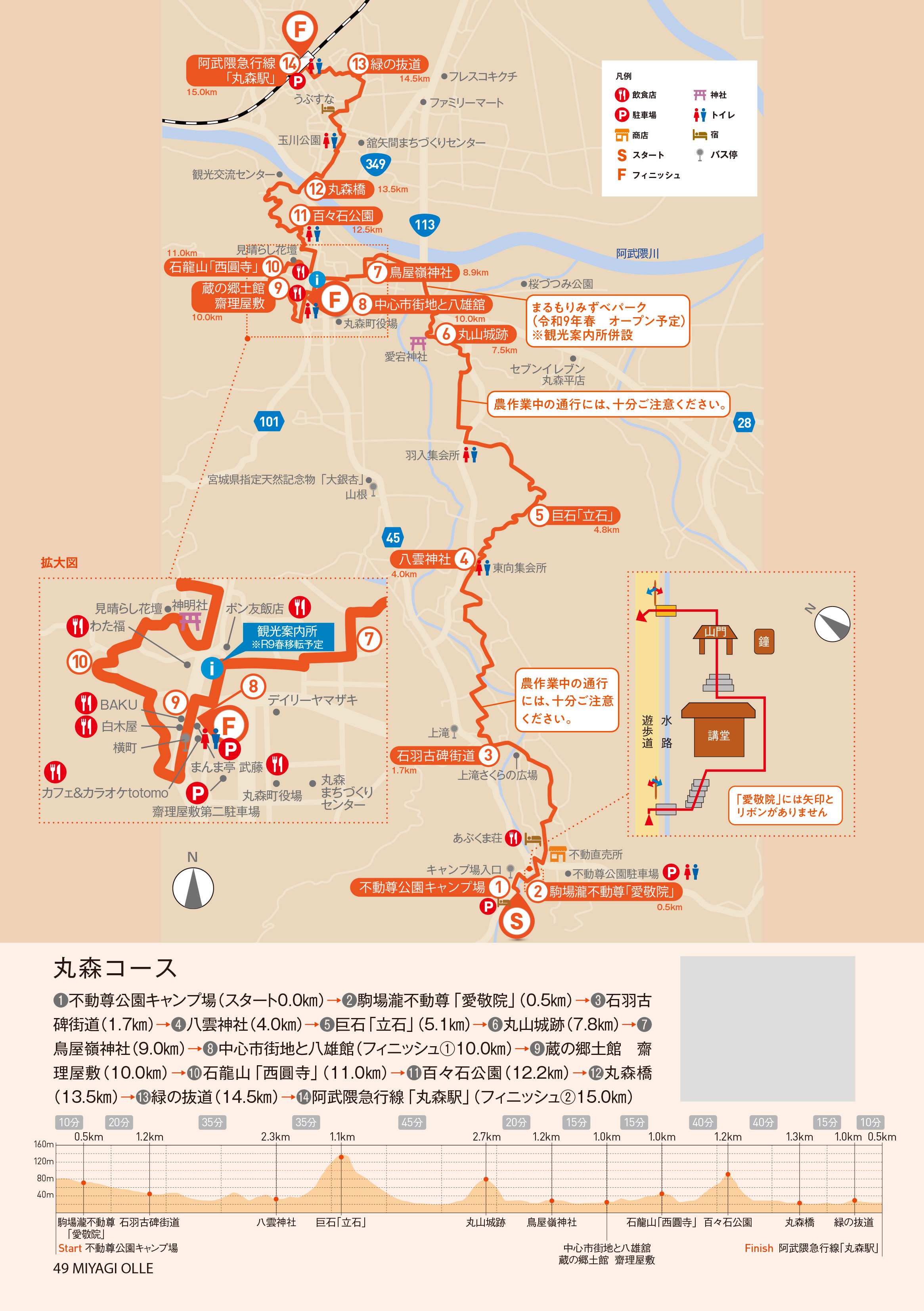 不動尊公園キャンプ場⇒駒場不動尊「愛敬院」⇒石羽古碑街道⇒八雲神社⇒巨石「立石」⇒丸山城跡⇒鳥屋嶺神社⇒中心市街地と八雄館⇒蔵の郷土館　齋理屋敷⇒石龍山「西圓寺」⇒百々石公園⇒丸森橋⇒緑の抜け道⇒阿武隈急行線「丸森駅」
