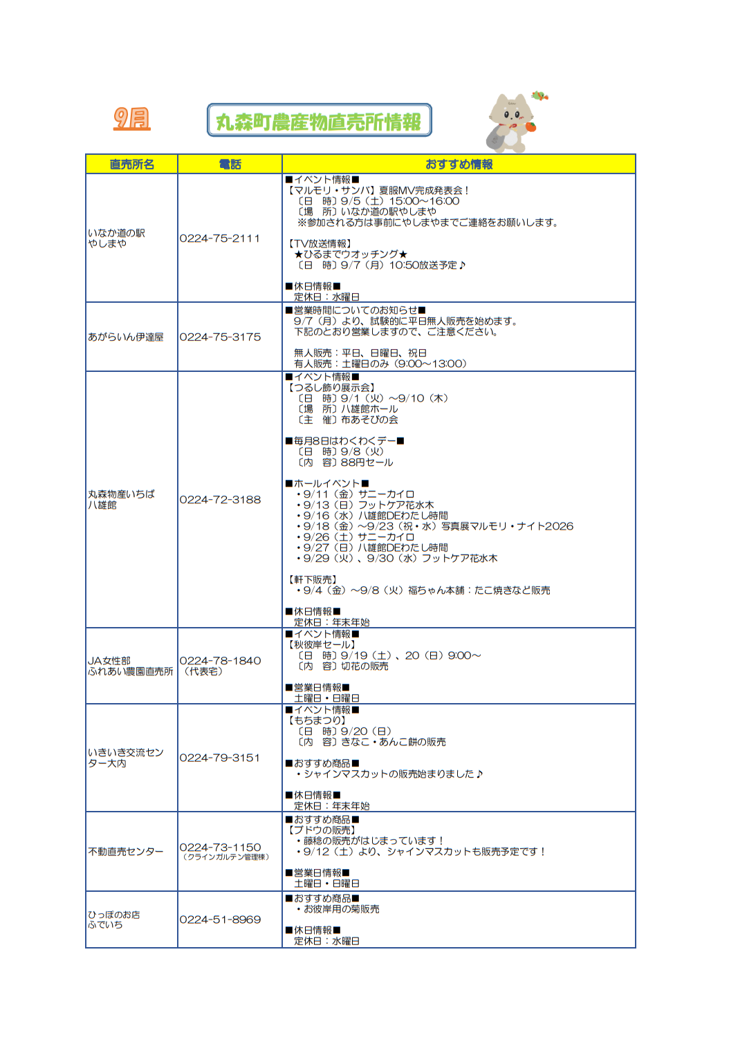 ９月の直売所情報